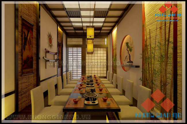 Thiết kế nội thất nhà hàng Nhật - Phối cảnh 3D phòng VIP 2 - Ánh sáng buổi tối khi sử dụng.